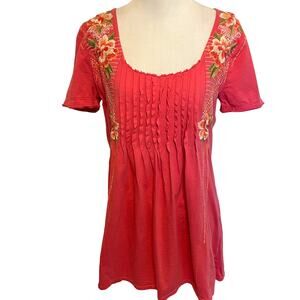 Johnny Was Pink Floral Embroidered Top Womens Small Boho Pintucked Knit